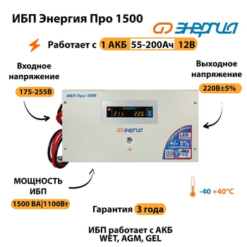 Энергия ИБП Про 1500 12В - ИБП и АКБ - ИБП для котлов - . Магазин оборудования для автономного и резервного электропитания Ekosolar.ru в Владивостоке