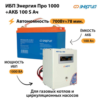 ИБП Энергия Про 1000 + Аккумулятор S 100 Ач - 12В (700Вт - 78мин) - ИБП и АКБ - ИБП для котлов - . Магазин оборудования для автономного и резервного электропитания Ekosolar.ru в Владивостоке
