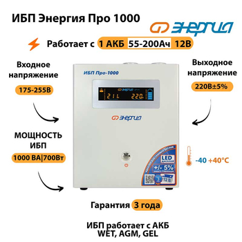 Энергия ИБП Про 1000 12В - ИБП и АКБ - ИБП для котлов - . Магазин оборудования для автономного и резервного электропитания Ekosolar.ru в Владивостоке