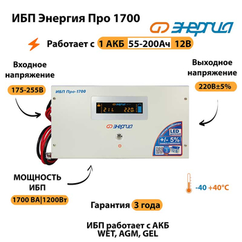 Энергия ИБП Про 1700 12В - ИБП и АКБ - ИБП для котлов - . Магазин оборудования для автономного и резервного электропитания Ekosolar.ru в Владивостоке