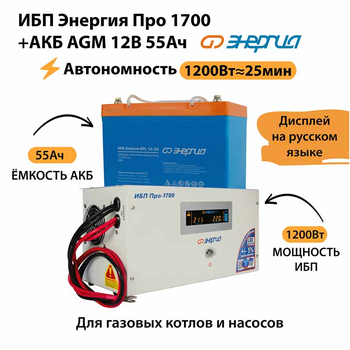 ИБП для котла Энергия Про 1700 + Аккумулятор 55 Ач 12 В (1200Вт - 25мин) - ИБП и АКБ - ИБП для котлов - . Магазин оборудования для автономного и резервного электропитания Ekosolar.ru в Владивостоке