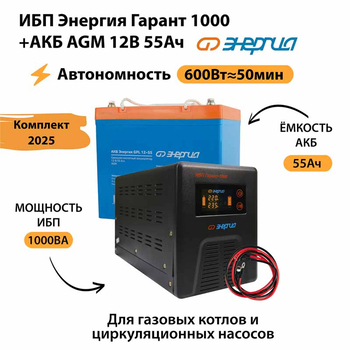 ИБП для котла Энергия Гарант 1000 + Аккумулятор 55 Ач 12 В (600Вт - 50мин) - ИБП и АКБ - ИБП для котлов - . Магазин оборудования для автономного и резервного электропитания Ekosolar.ru в Владивостоке