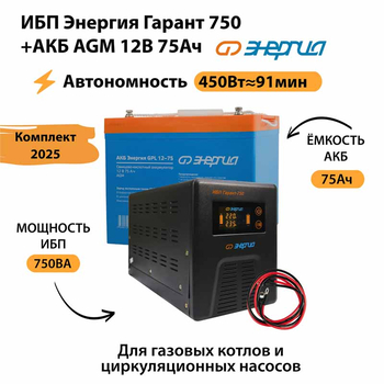 ИБП для котла Энергия Гарант 750 + Аккумулятор 75 Ач 12 В (450Вт - 91мин) - ИБП и АКБ - ИБП для котлов - . Магазин оборудования для автономного и резервного электропитания Ekosolar.ru в Владивостоке